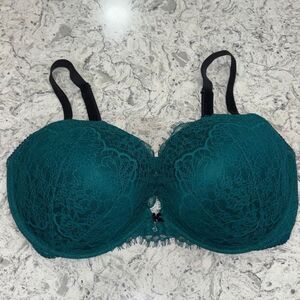 Victorias Secret Dream Angels teal & black lace push up bra 38DD floral lace